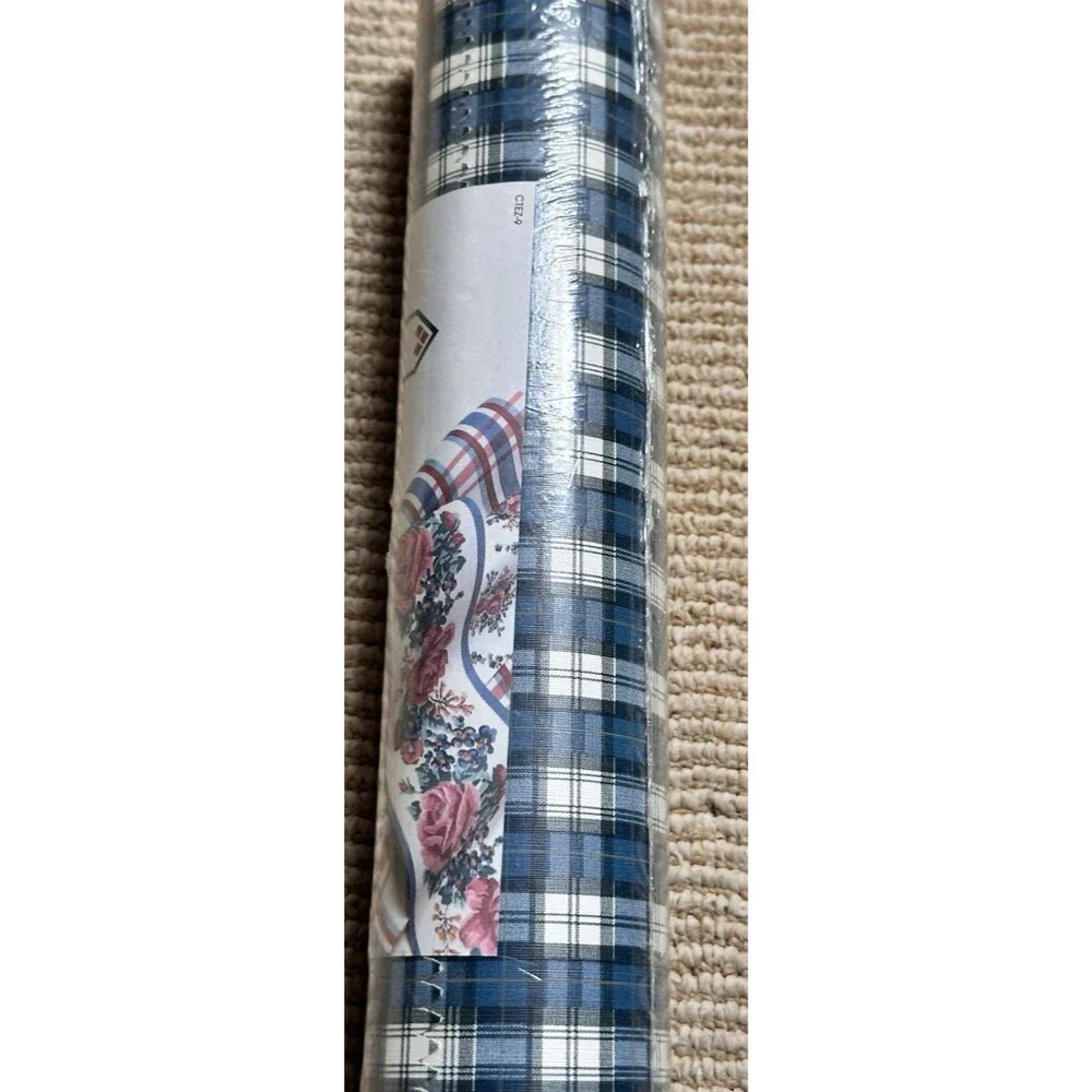 Imperial Wall paper Plaid vinyl Blue White 11 yd x 20.5 inch Union Made USA vtg